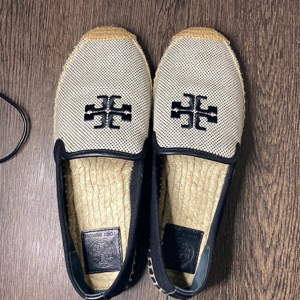 Tory Burch Weston Black/Ecru/Tan Mini Check Print Espadrilles flats size 7.5 (M)